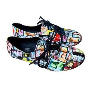 Kalli Magazine Print Oxfords Women Multicolor Excellent Lace Up Flats SIZE 7